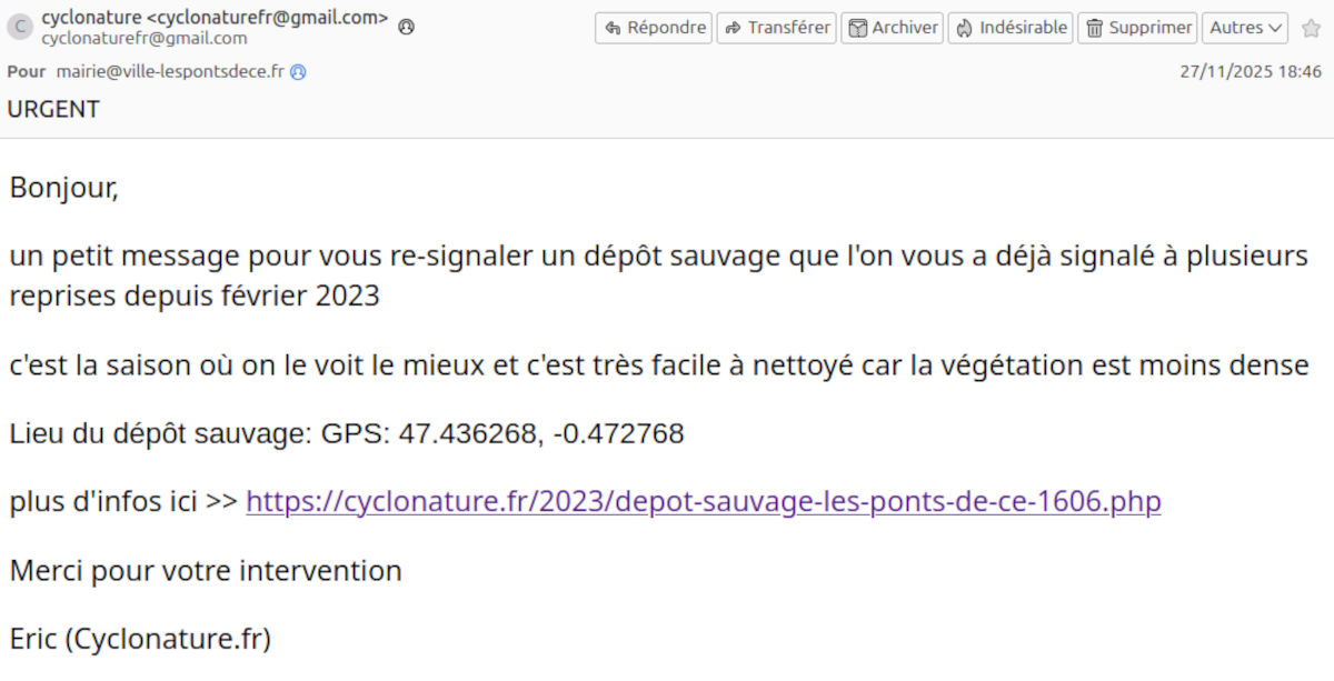 Signalement dépôt sauvage à la ville des Ponts de Cé