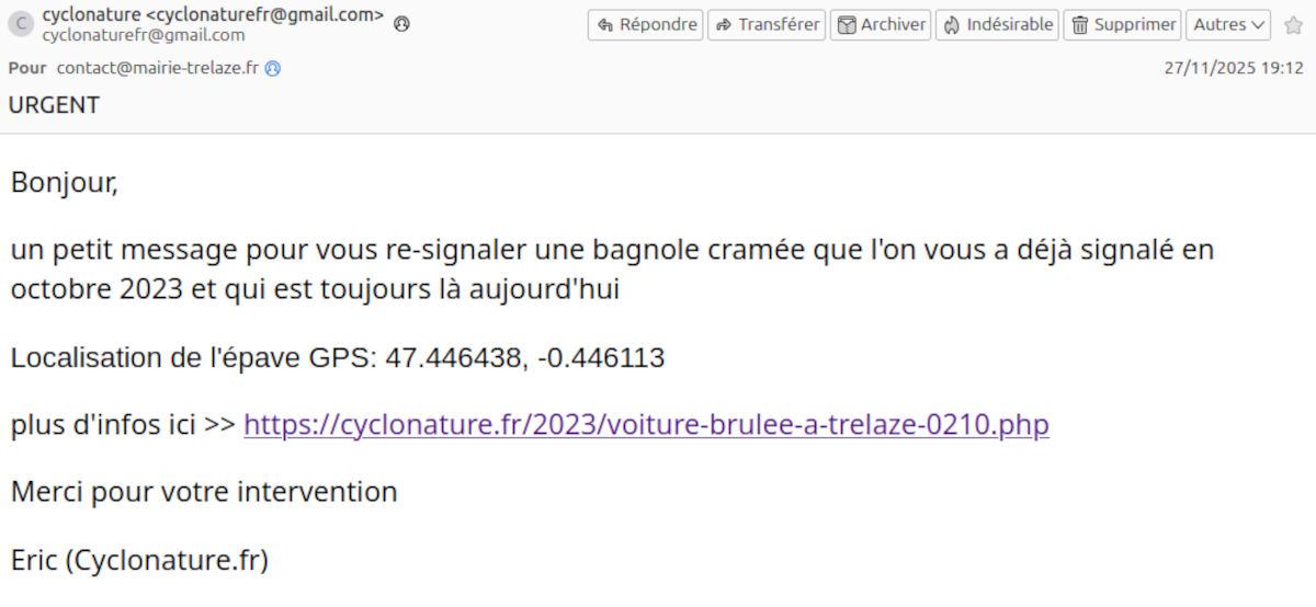 Signalement dépôt sauvage à la ville de Trélazé