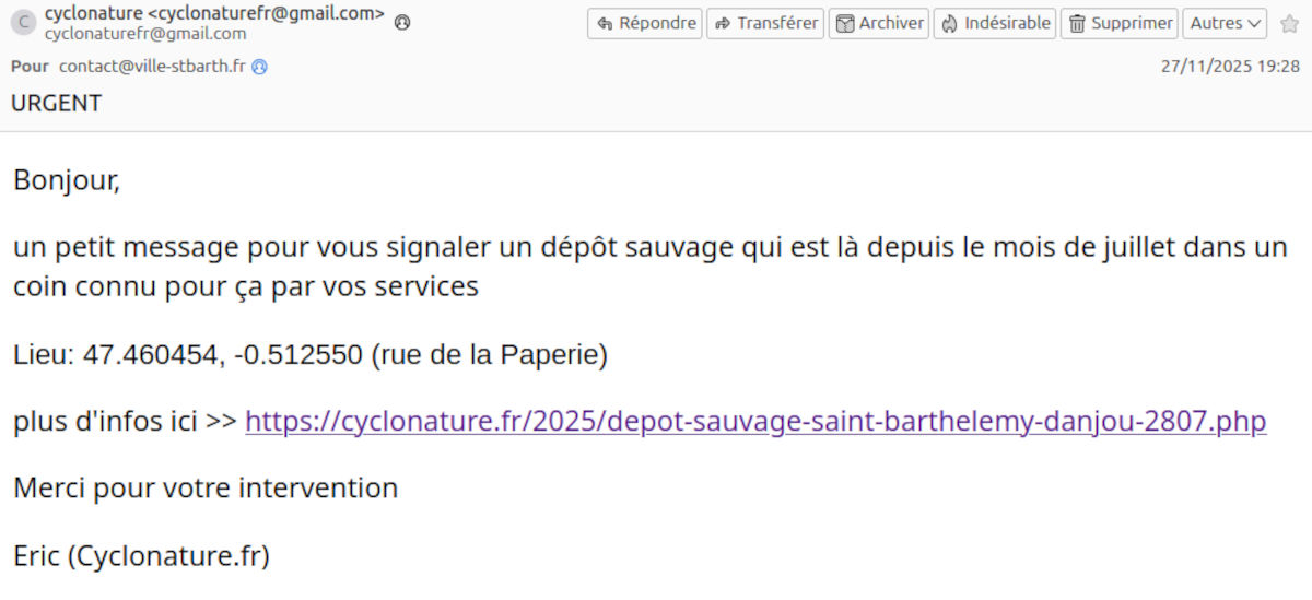 Signalement dépôt sauvage à la ville de Saint Barthélemy d'Anjou