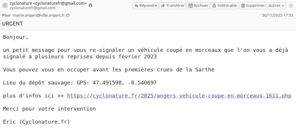 Signalement dépôt sauvage à la ville d'Angers